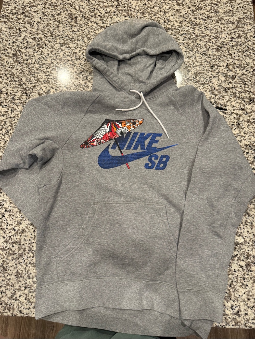 Nike Gray Hooded Sweatshirt with Blue SB Logo and Multicolor Umbrella